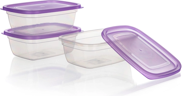 Plastikust toidukarpide komplekt 1,25 l – 3 tk, lillad kaaned