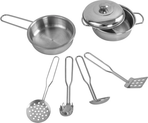 Komplektis metallist nõud ja köögitarvikud