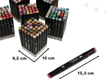 Dual-tip alcohol markers in a case with stand
