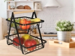 Two-tier metal fruit basket with wooden handle, black