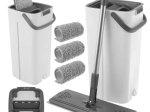 Flat mop with double-chamber 8.5 l bucket RUHHY with wringing system and 3 replacement pads