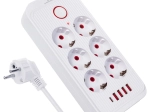 Pikendus- ja ülepinge-kaitseliist 6 pistiku ning 5× USB‑ga (4× USB‑A, 1× USB‑C), 2500 W, valge